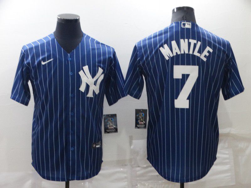 Men New York Yankees #7 Mantle Blue Stripe Throwback Nike 2022 MLB Jersey->new york yankees->MLB Jersey